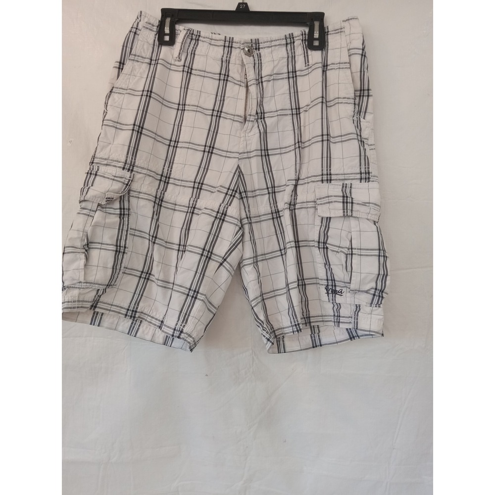 Vira Mens Plaid Cargo Shorts White Blue Check Cotton Size 33W